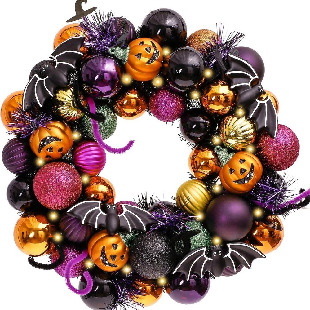 Halloween Decorations Indoor for Home, Pre-Lit Pumpkin Ball Wreath with 60ct Sha